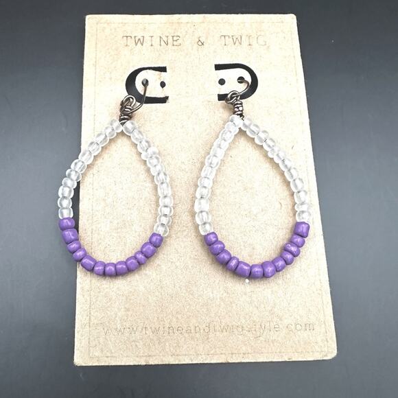 Twine & Twig Drop Earrings beaded Drop Dangle Oversized Purple Boho Clear Hoop - Picture 4 of 4